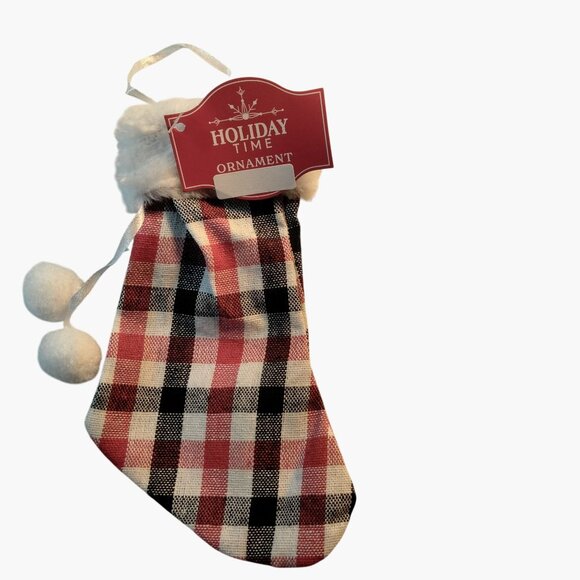 Holiday Time Black Red Checkered Faux Fur Mini Christmas Stocking Ornament Pom - Picture 2 of 3